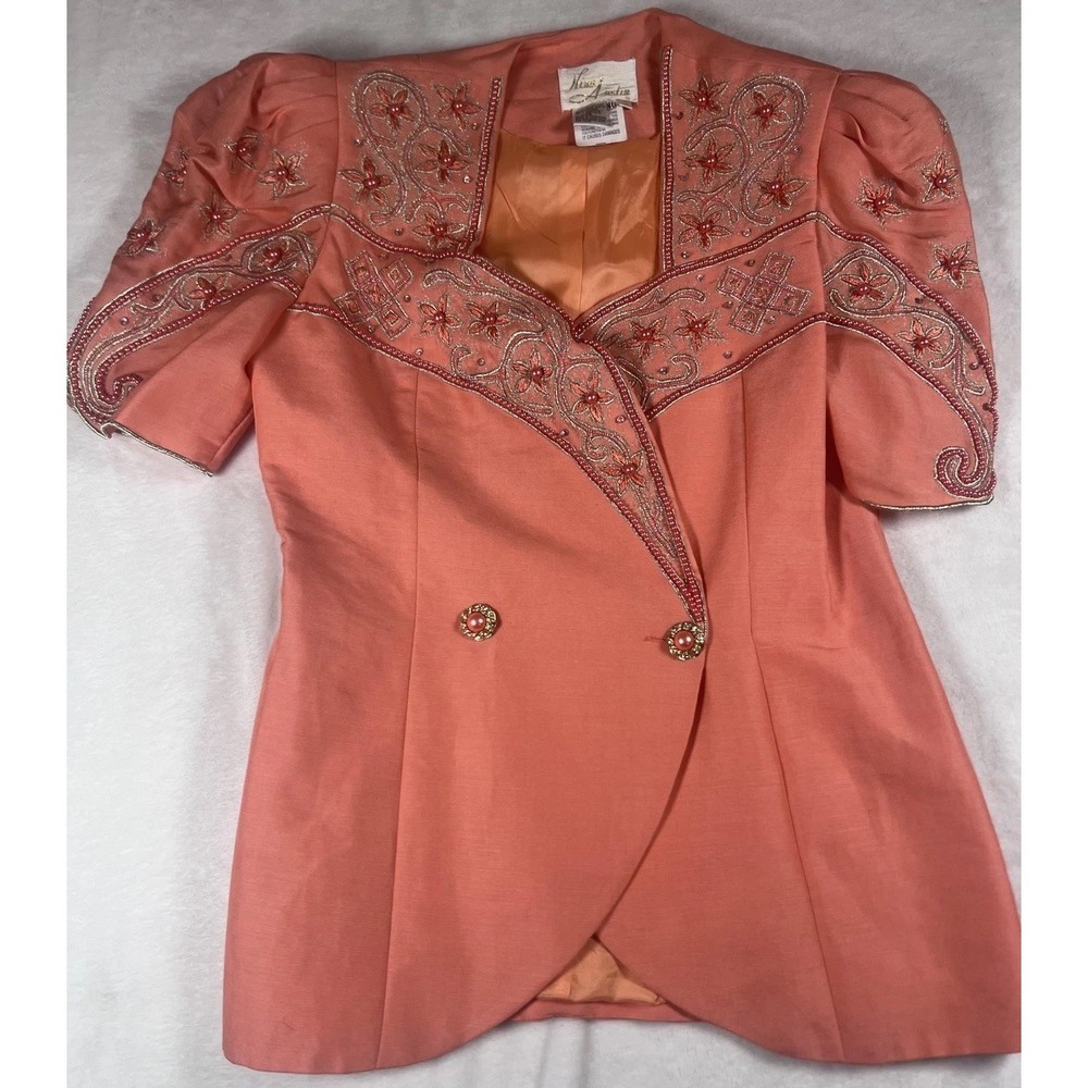 Vintage Nina Austin Blazer Womens 10 Pink Beaded Embroidered Short‎ Sleeve 80s